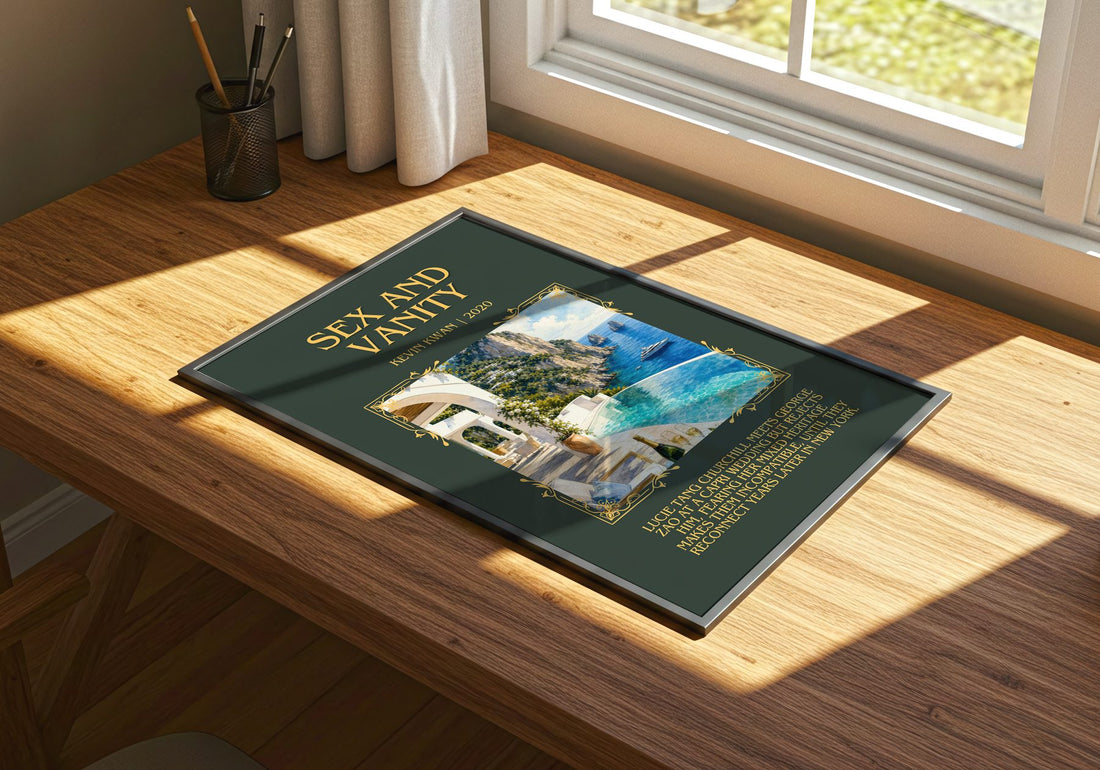 Sex and Vanity Minimalist Book Poster by Kevin Kwan – print on a sunlit desk