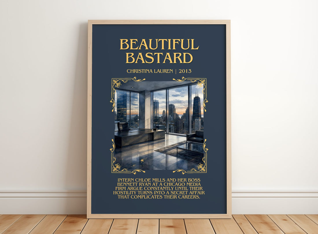 Beautiful Bastard Minimalist Book Poster by Christina Lauren – framed print leaning on a wooden floor