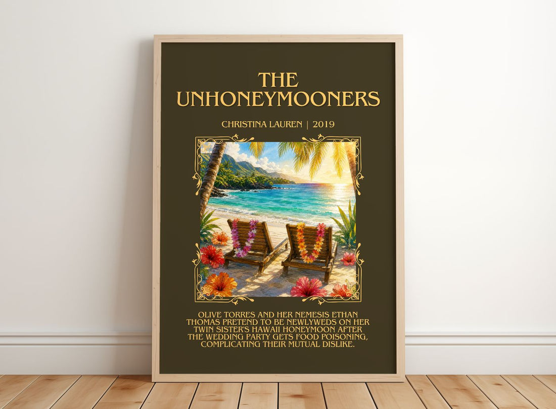 The Unhoneymooners Minimalist Book Poster by Christina Lauren – framed print leaning on a wooden floor