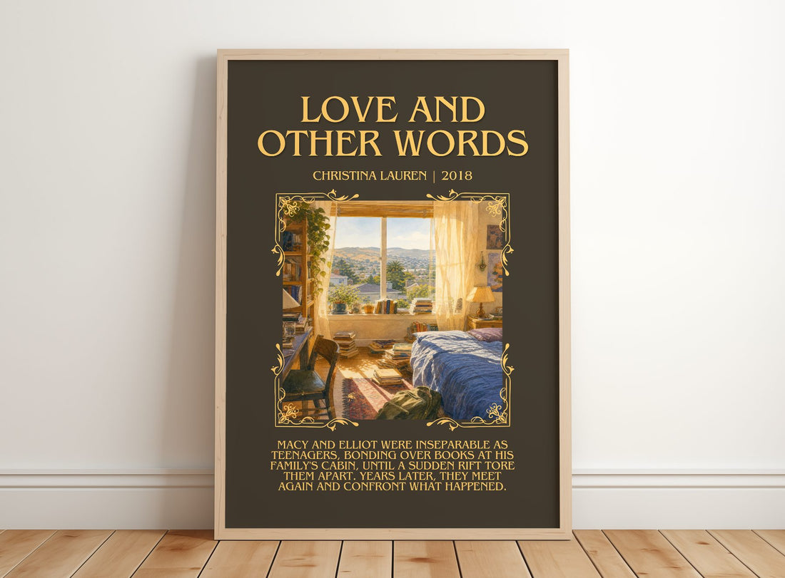 Love and Other Words Minimalist Book Poster by Christina Lauren – framed print leaning on a wooden floor
