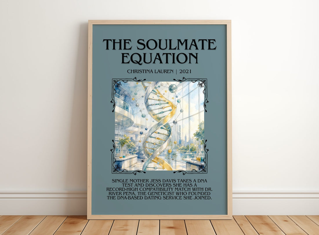 The Soulmate Equation Minimalist Book Poster by Christina Lauren – framed print leaning on a wooden floor