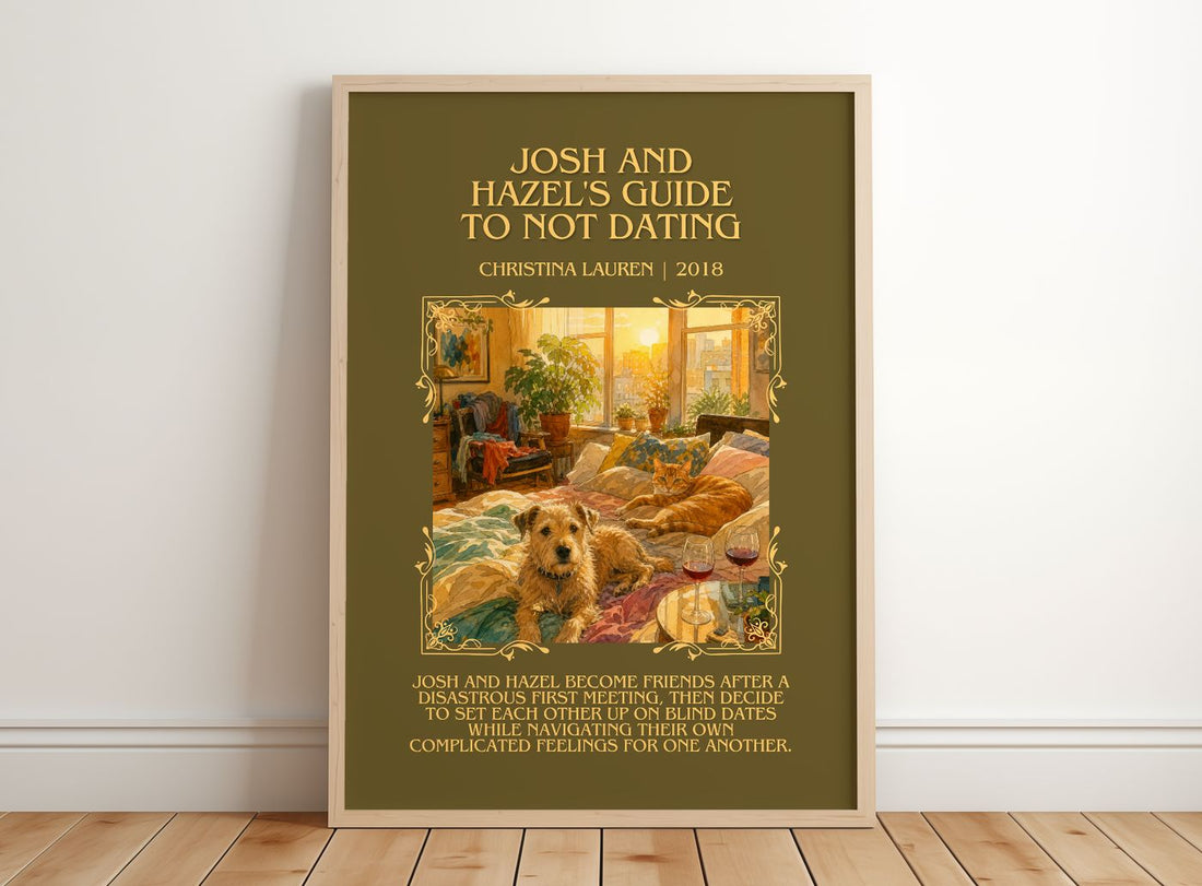 Josh and Hazel's Guide to Not Dating Minimalist Book Poster – framed print leaning on a wooden floor