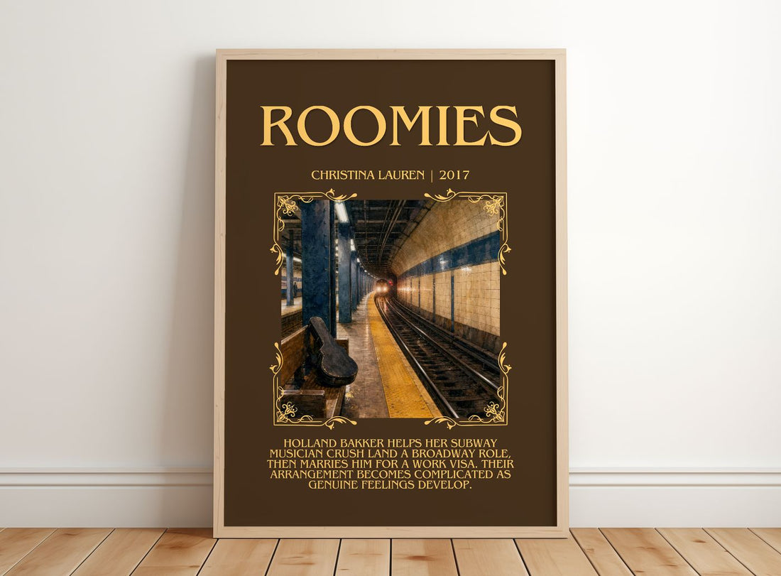Roomies Minimalist Book Poster by Christina Lauren – framed print leaning on a wooden floor