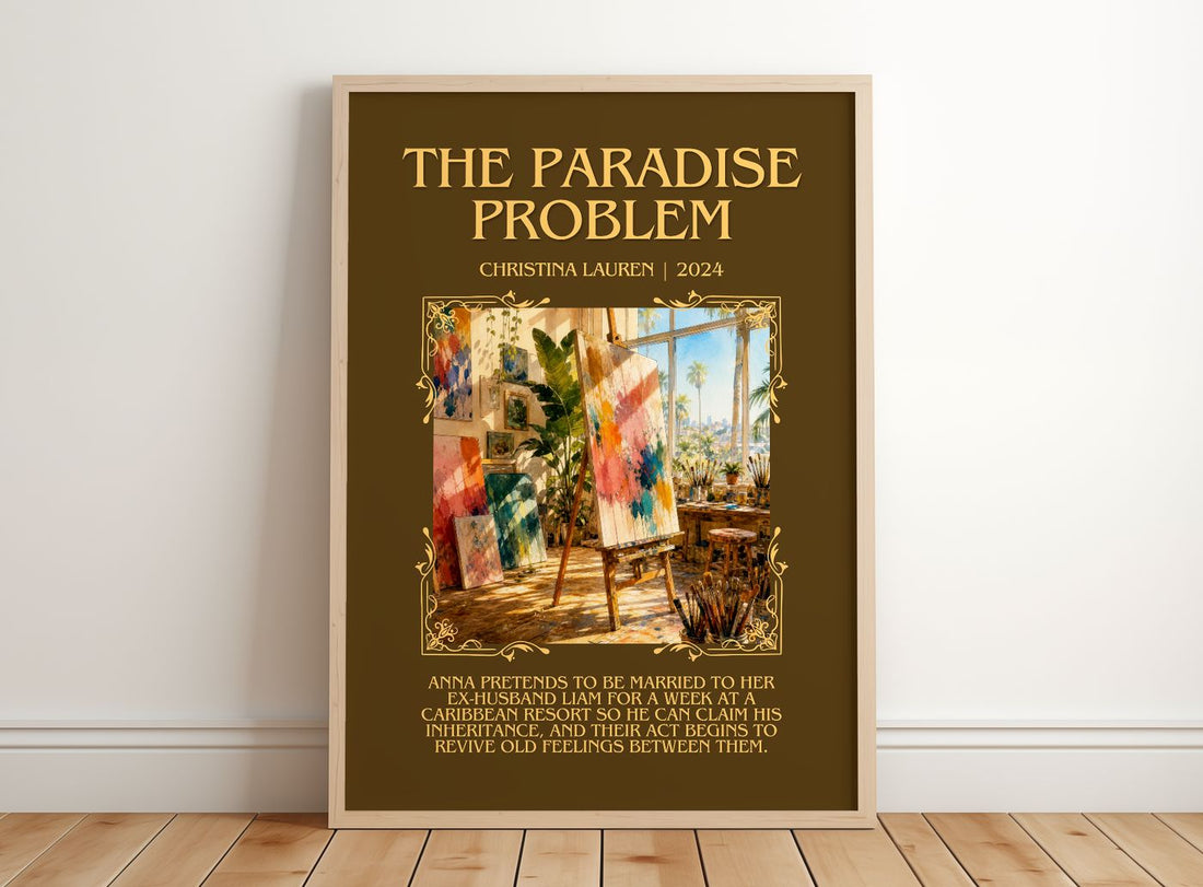 The Paradise Problem Minimalist Book Poster by Christina Lauren – framed print leaning on a wooden floor