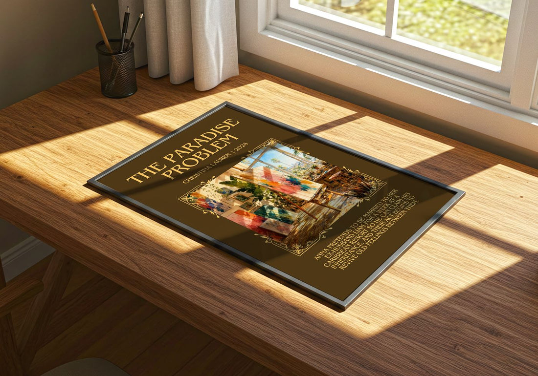 The Paradise Problem Minimalist Book Poster by Christina Lauren – print on a sunlit desk