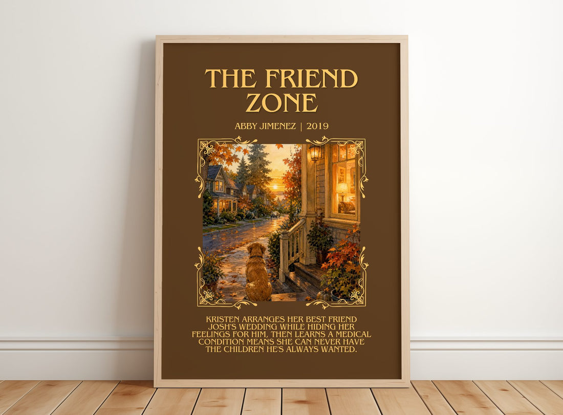 The Friend Zone Minimalist Book Poster by Abby Jimenez – framed print leaning on a wooden floor