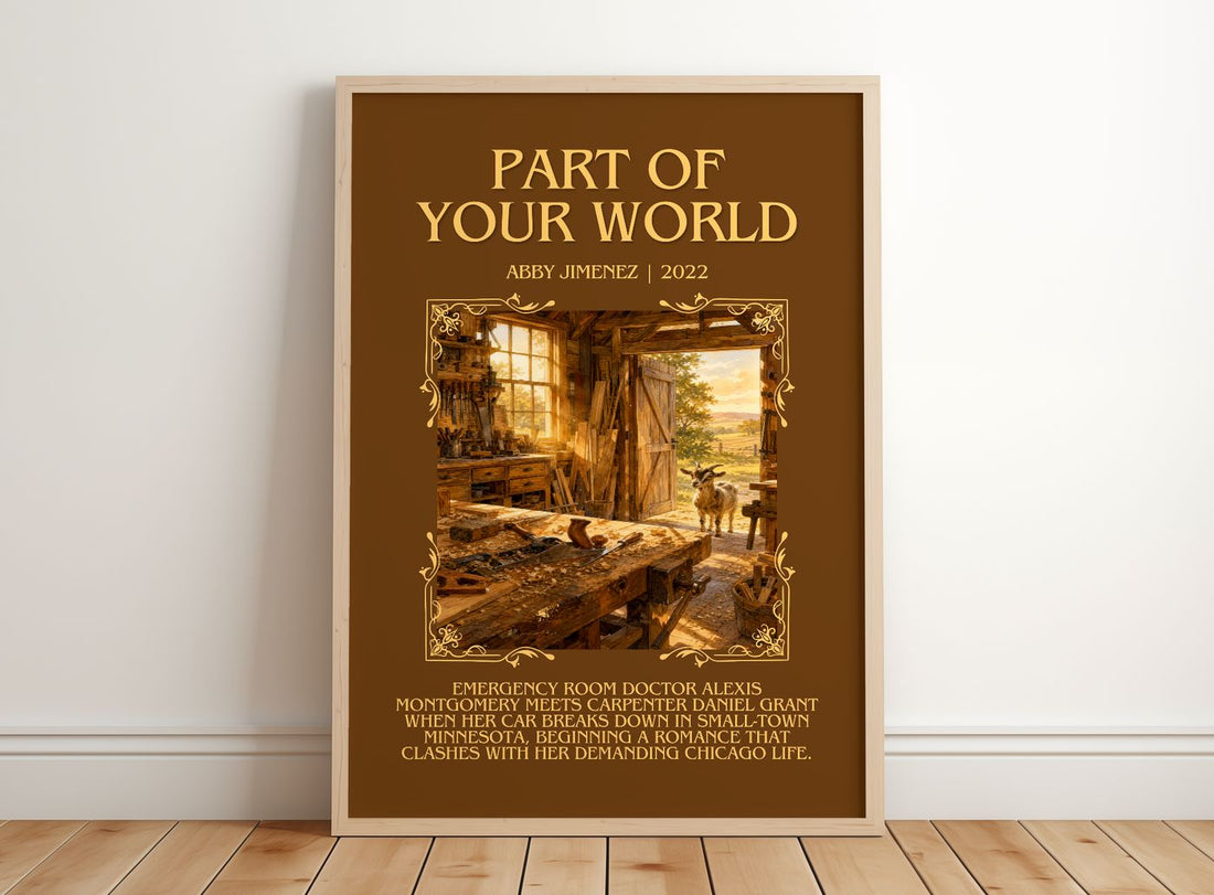 Part of Your World Minimalist Book Poster by Abby Jimenez – framed print leaning on a wooden floor