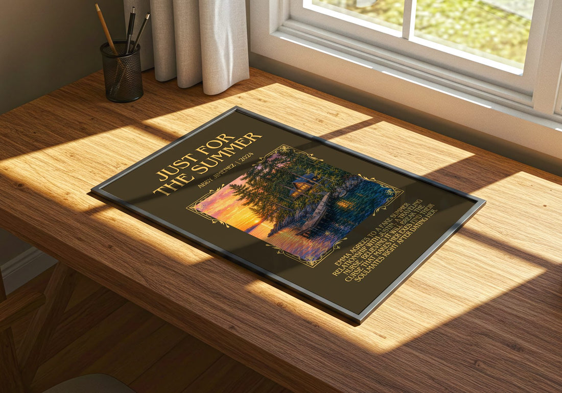 Just for the Summer Minimalist Book Poster by Abby Jimenez – print on a sunlit desk