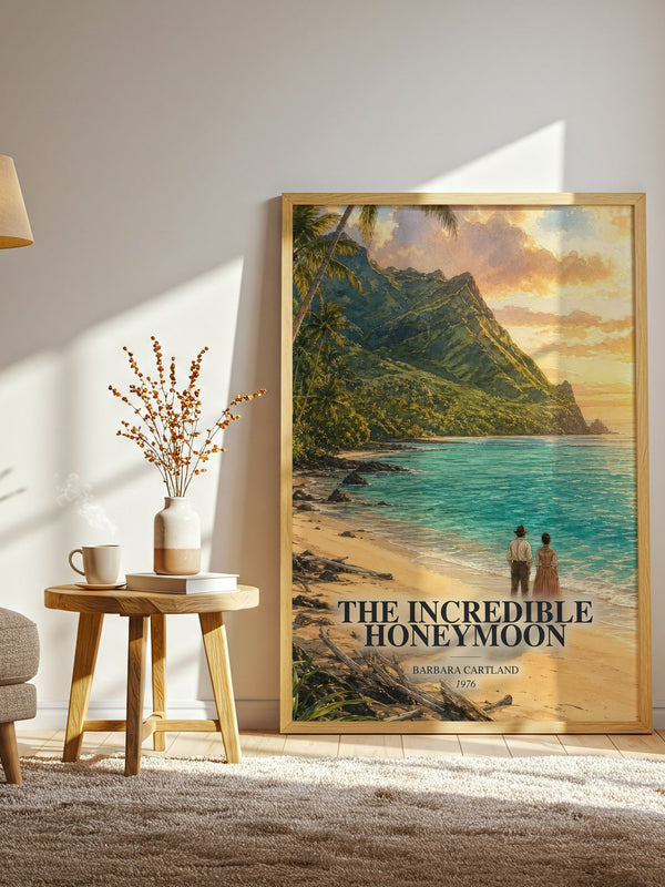 The Incredible Honeymoon watercolour print in frame leaning in hallway – romance wall art