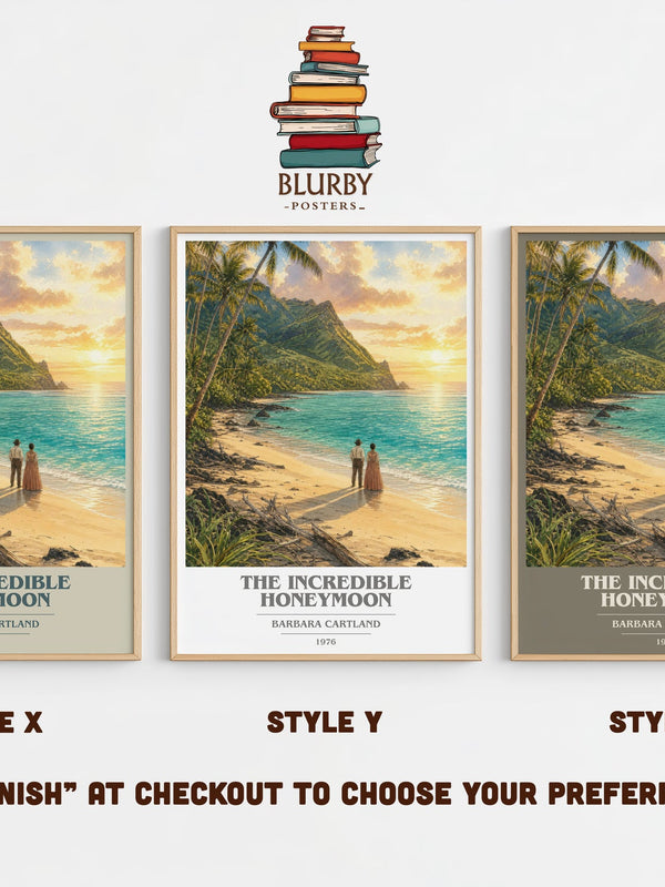 The Incredible Honeymoon book cover print in frame leaning in hallway – romance wall art