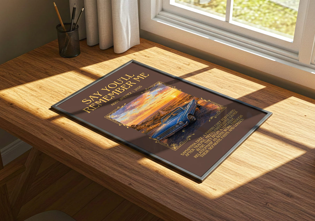 Say You'll Remember Me Minimalist Book Poster by Abby Jimenez – print on a sunlit desk