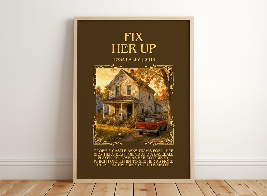 Fix Her Up Minimalist Book Poster by Tessa Bailey – framed print leaning on a wooden floor
