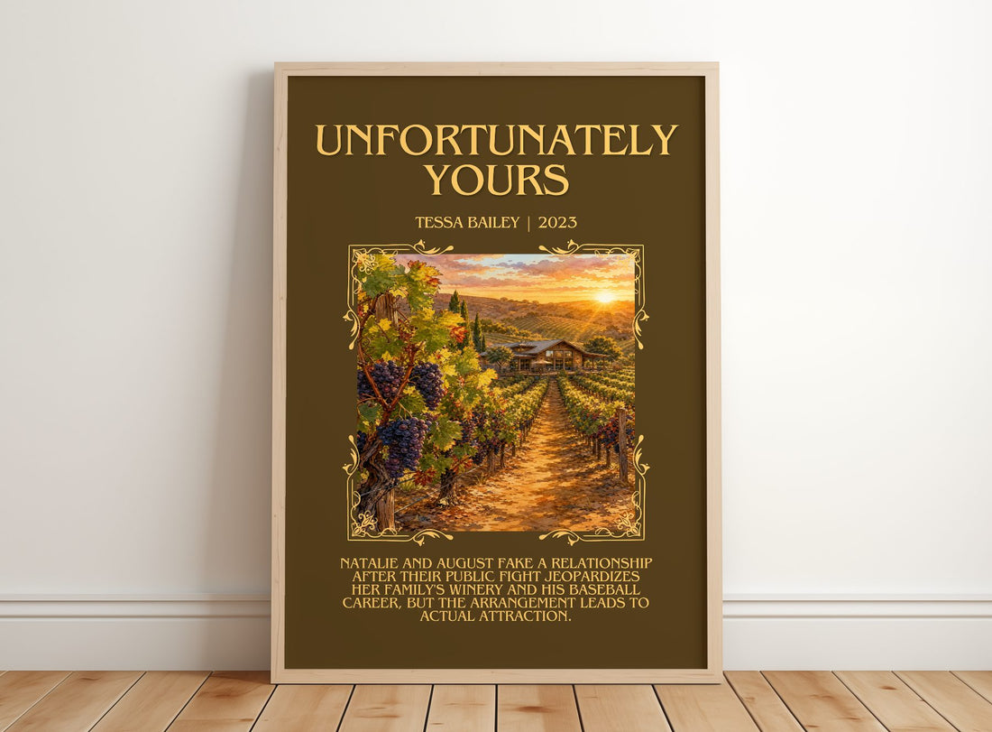Unfortunately Yours Minimalist Book Poster by Tessa Bailey – framed print leaning on a wooden floor