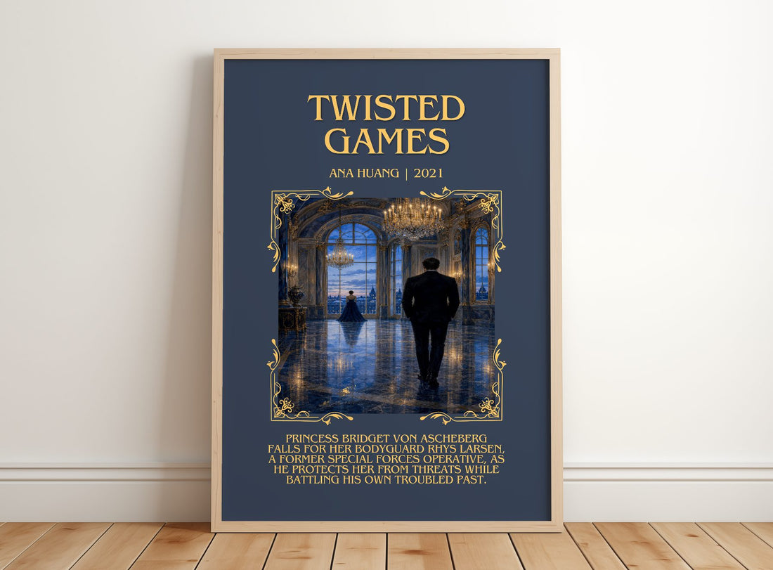 Twisted Games Minimalist Book Poster by Ana Huang – framed print leaning on a wooden floor
