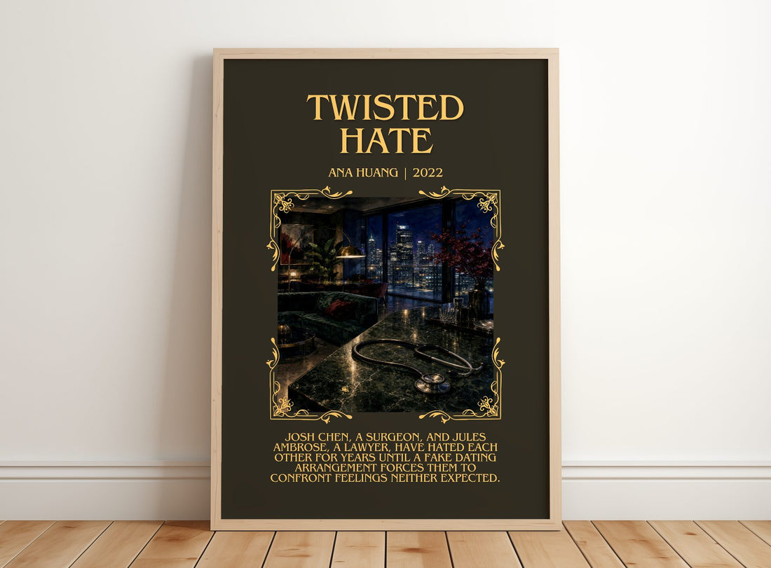 Twisted Hate Minimalist Book Poster by Ana Huang – framed print leaning on a wooden floor
