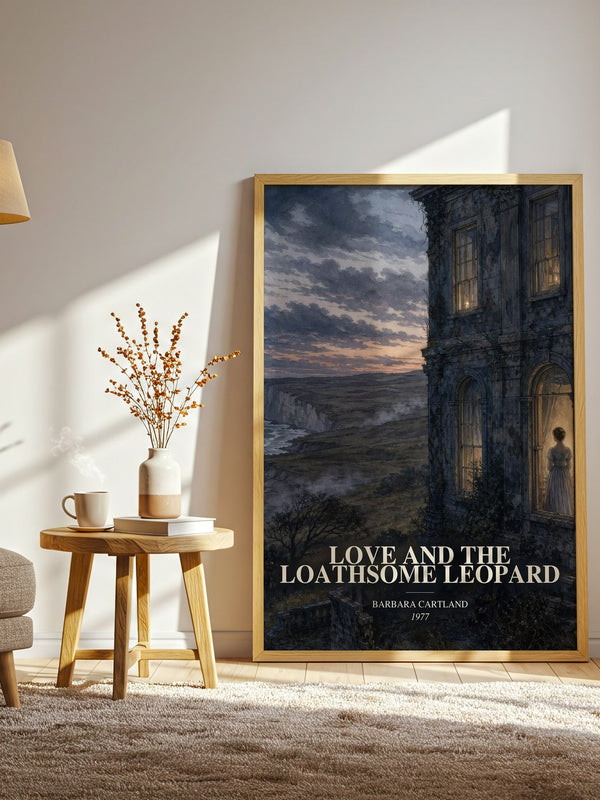 Love And The Loathsome Leopard watercolour print in frame leaning in hallway – romance wall art