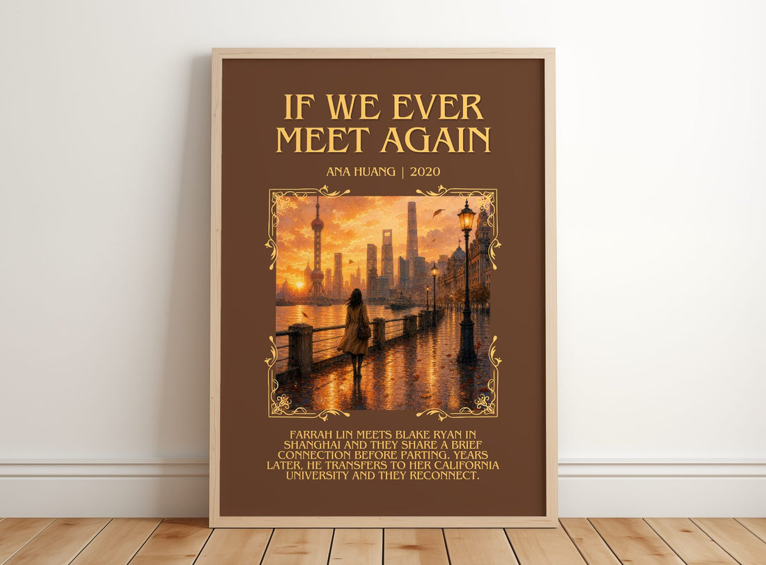 If We Ever Meet Again Minimalist Book Poster by Ana Huang – framed print leaning on a wooden floor