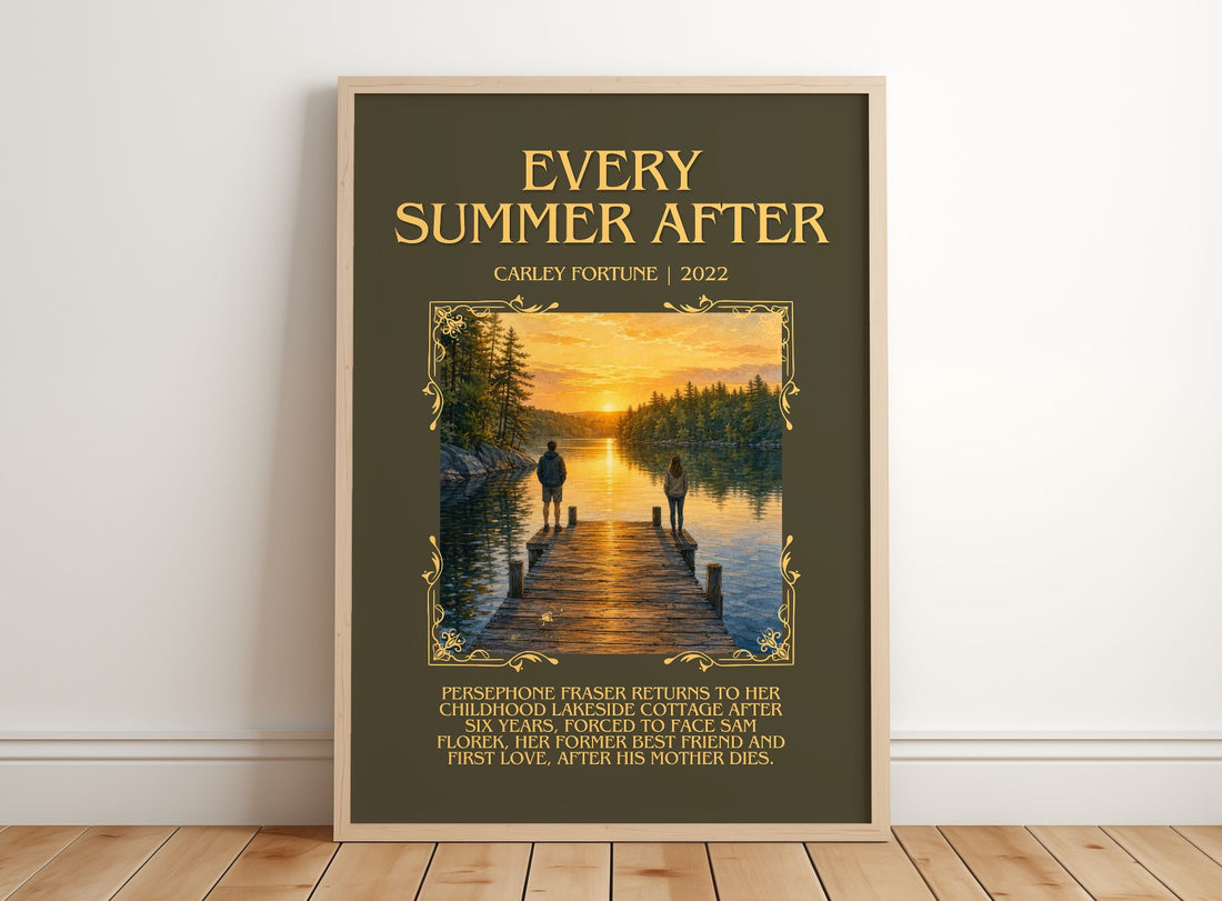 Every Summer After Minimalist Book Poster by Carley Fortune – framed print leaning on a wooden floor