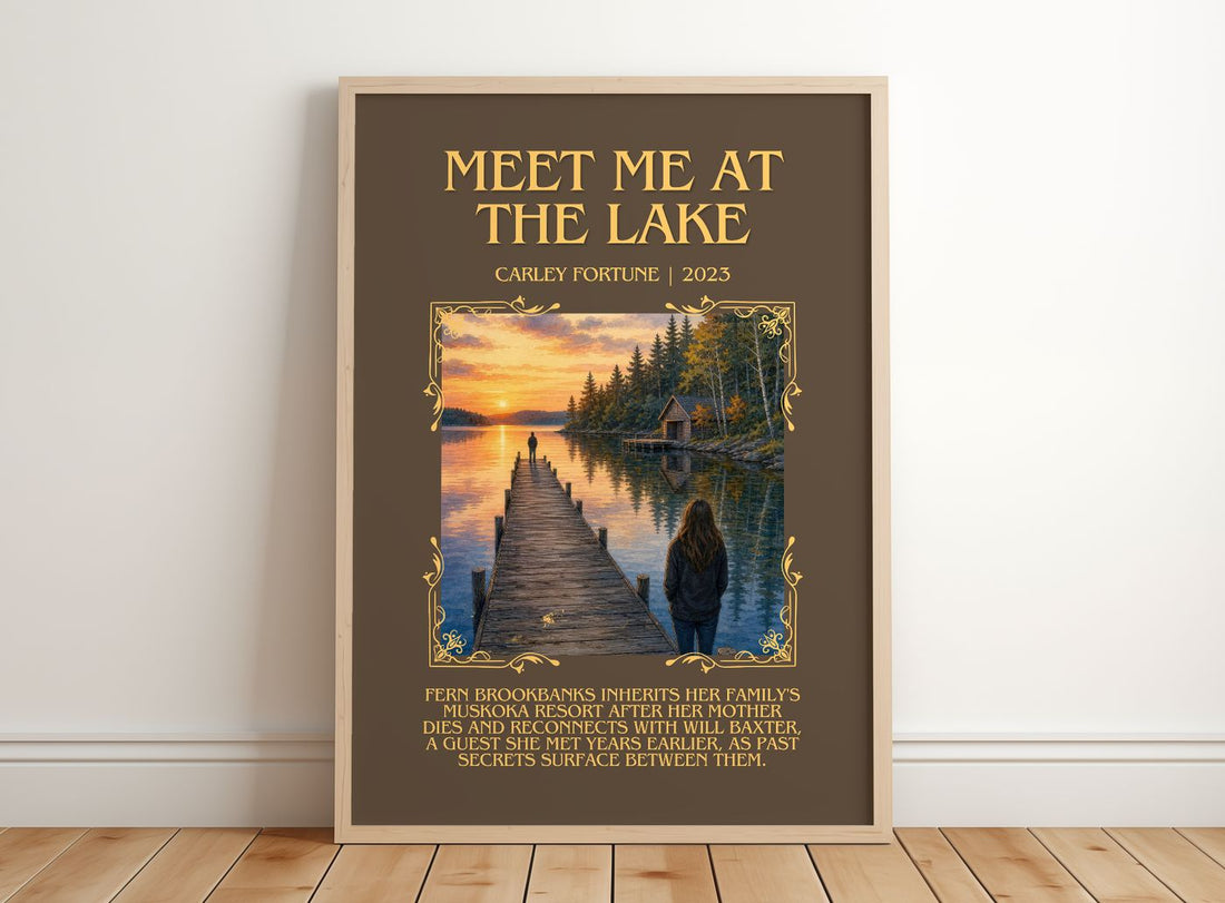 Meet Me at the Lake Minimalist Book Poster by Carley Fortune – framed print leaning on a wooden floor