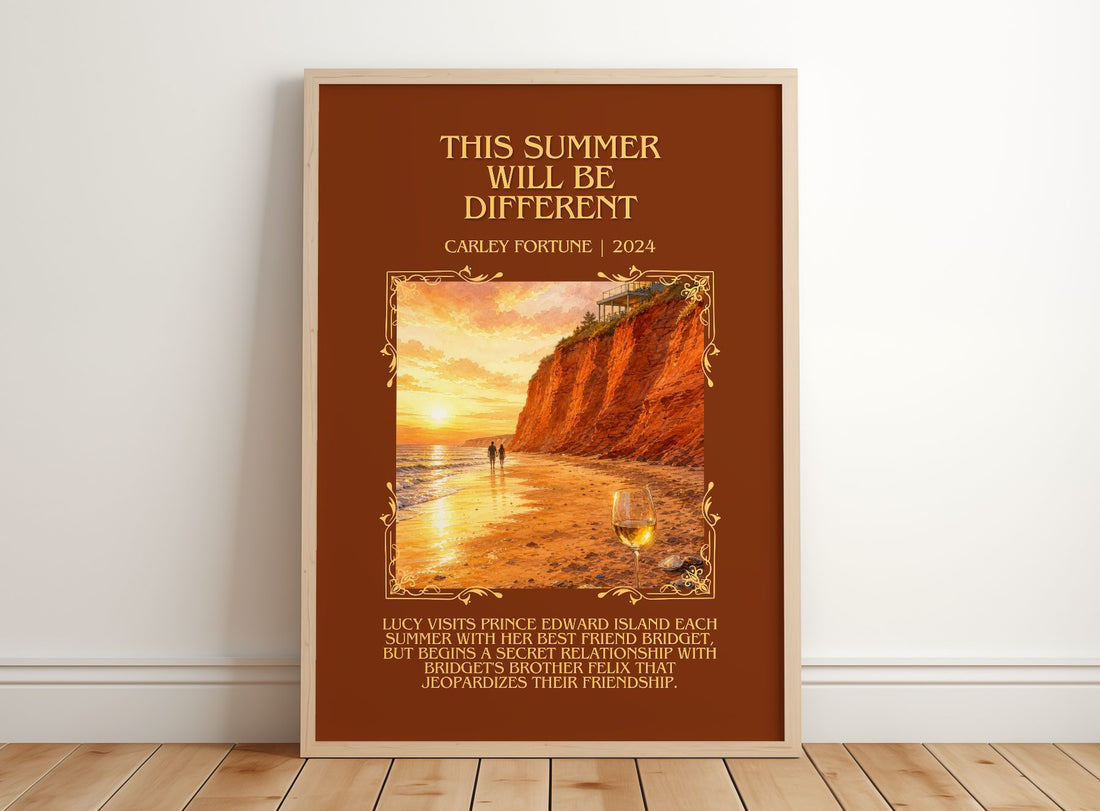 This Summer Will Be Different Minimalist Book Poster by Carley Fortune – framed print leaning on a wooden floor