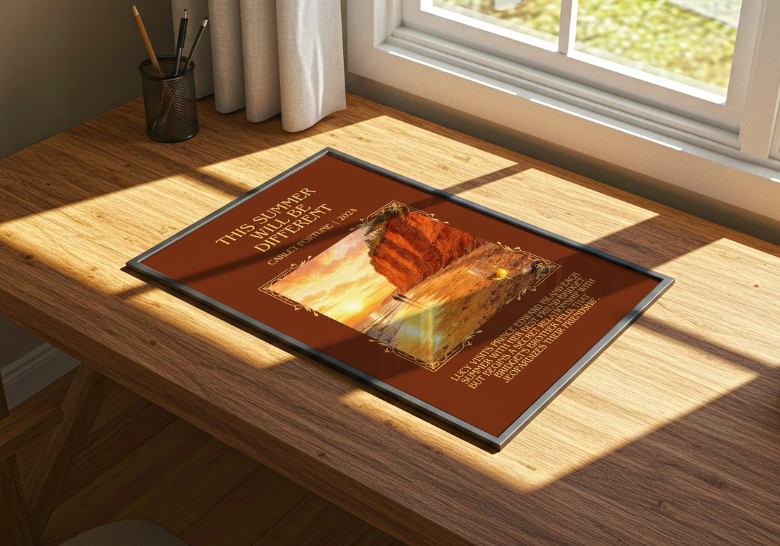This Summer Will Be Different Minimalist Book Poster by Carley Fortune – print on a sunlit desk
