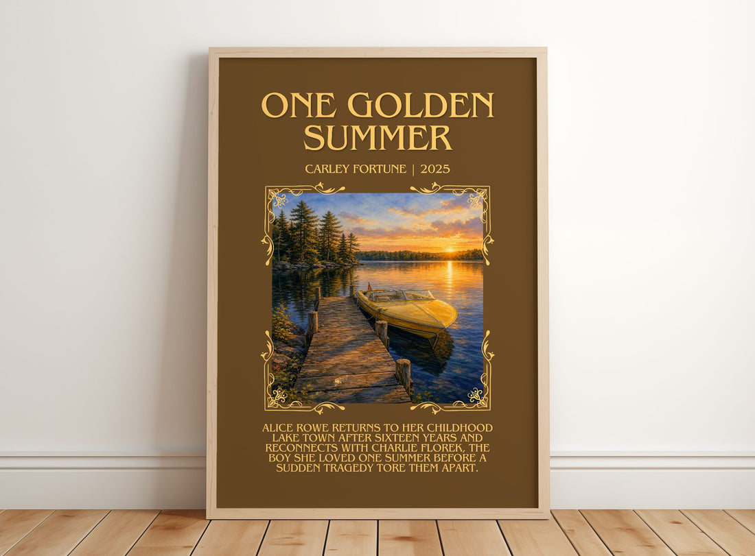 One Golden Summer Minimalist Book Poster by Carley Fortune – framed print leaning on a wooden floor