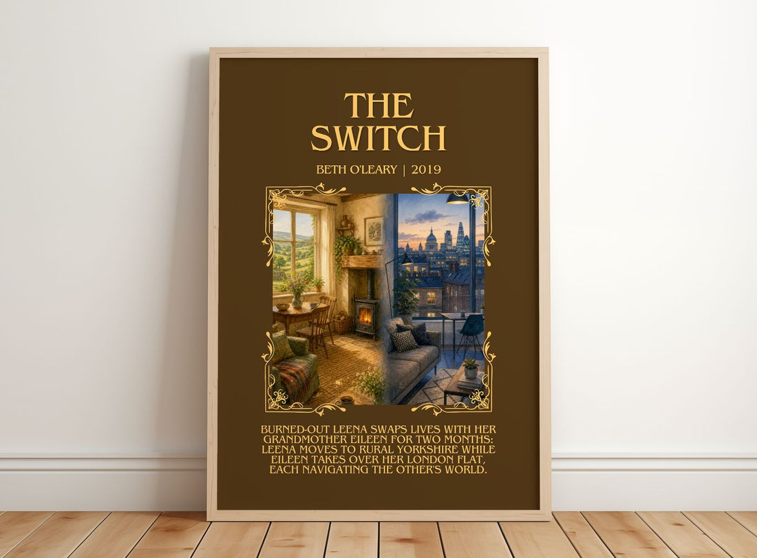 The Switch Minimalist Book Poster by Beth O'Leary – framed print leaning on a wooden floor