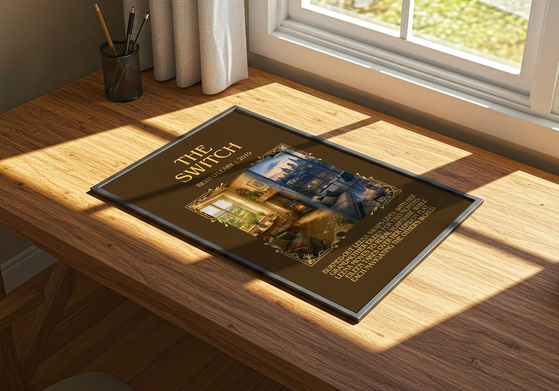 The Switch Minimalist Book Poster by Beth O'Leary – print on a sunlit desk