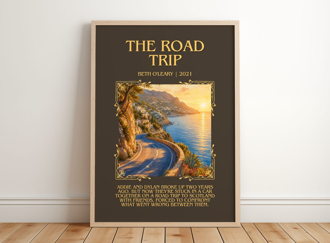 The Road Trip Minimalist Book Poster by Beth O'Leary – framed print leaning on a wooden floor