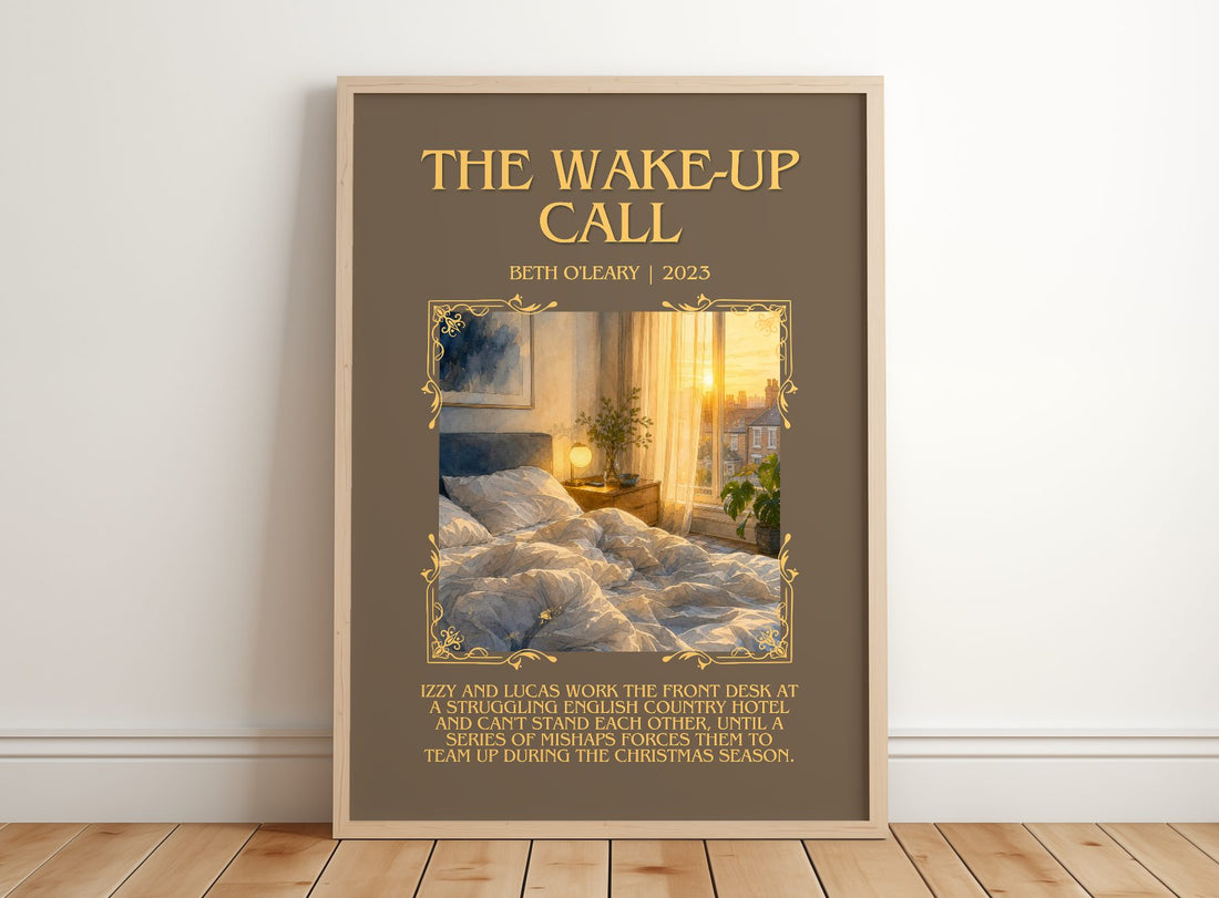 The Wake-Up Call Minimalist Book Poster by Beth O'Leary – framed print leaning on a wooden floor