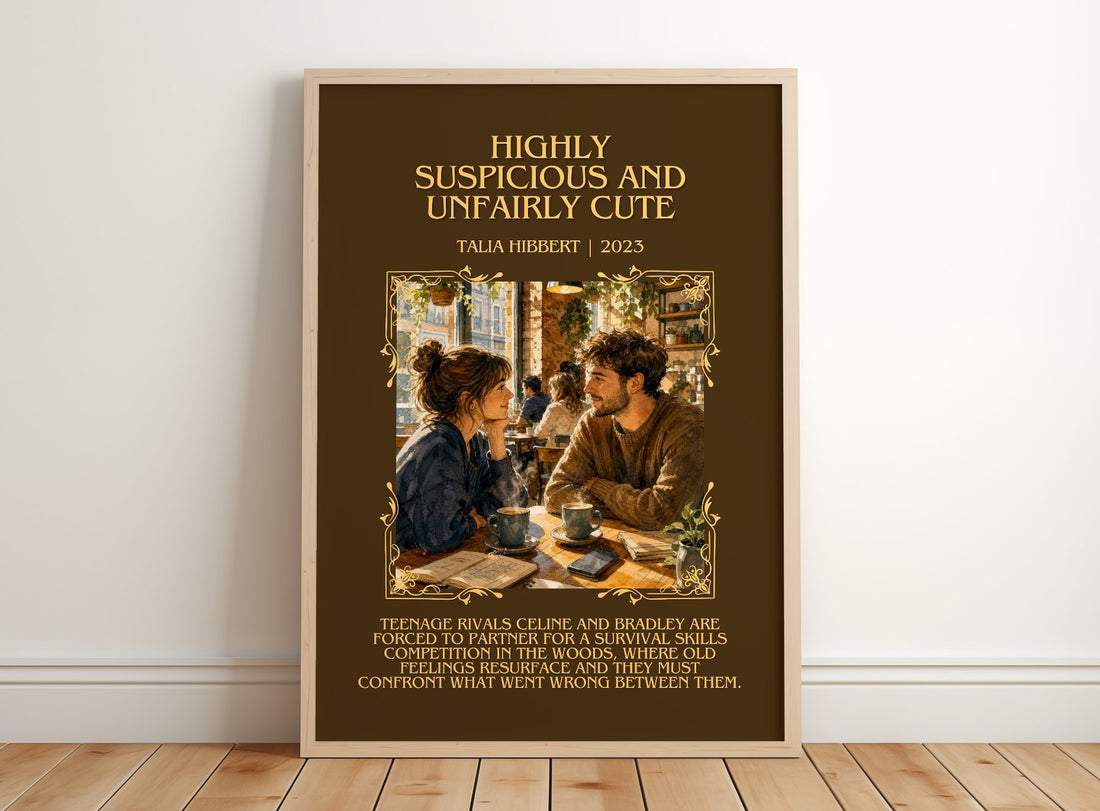 Highly Suspicious and Unfairly Cute Minimalist Book Poster – framed print leaning on a wooden floor