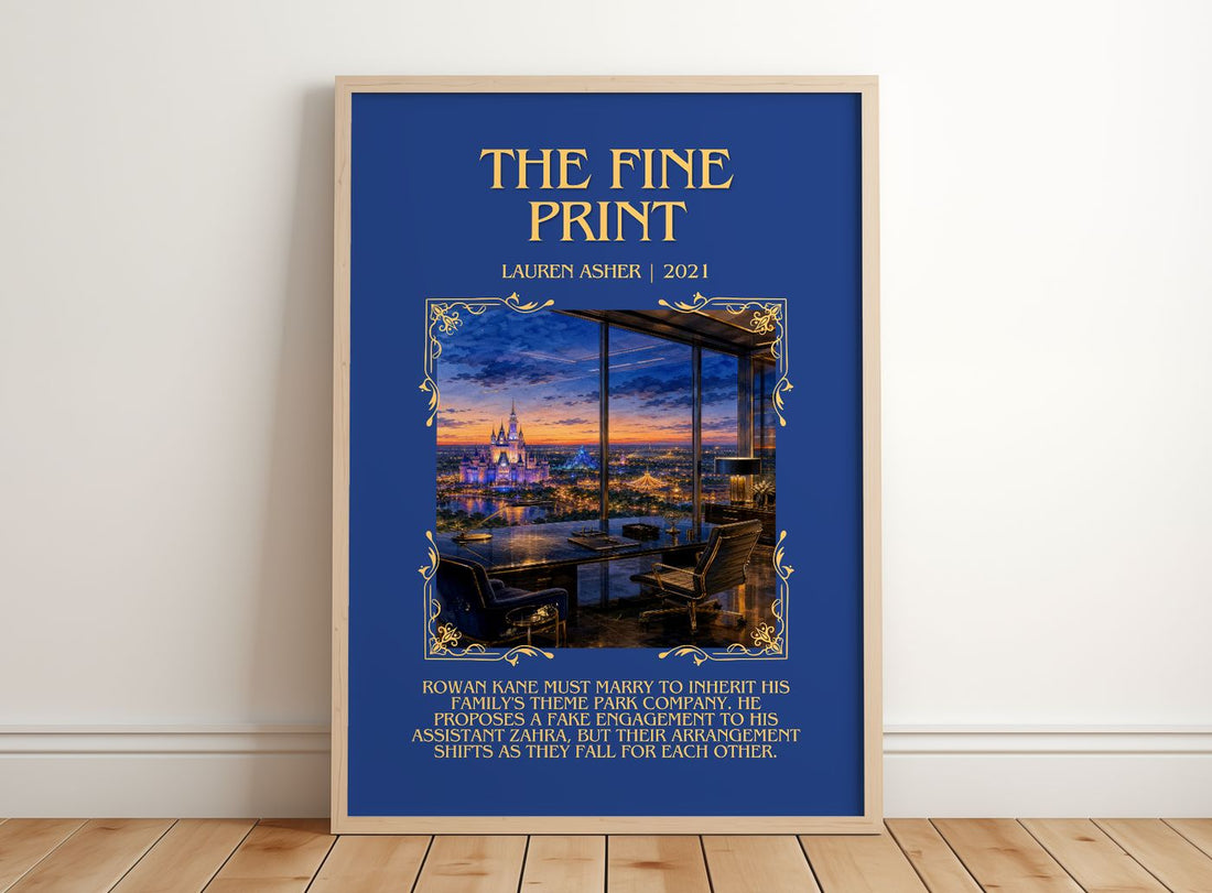 The Fine Print Minimalist Book Poster by Lauren Asher – framed print leaning on a wooden floor