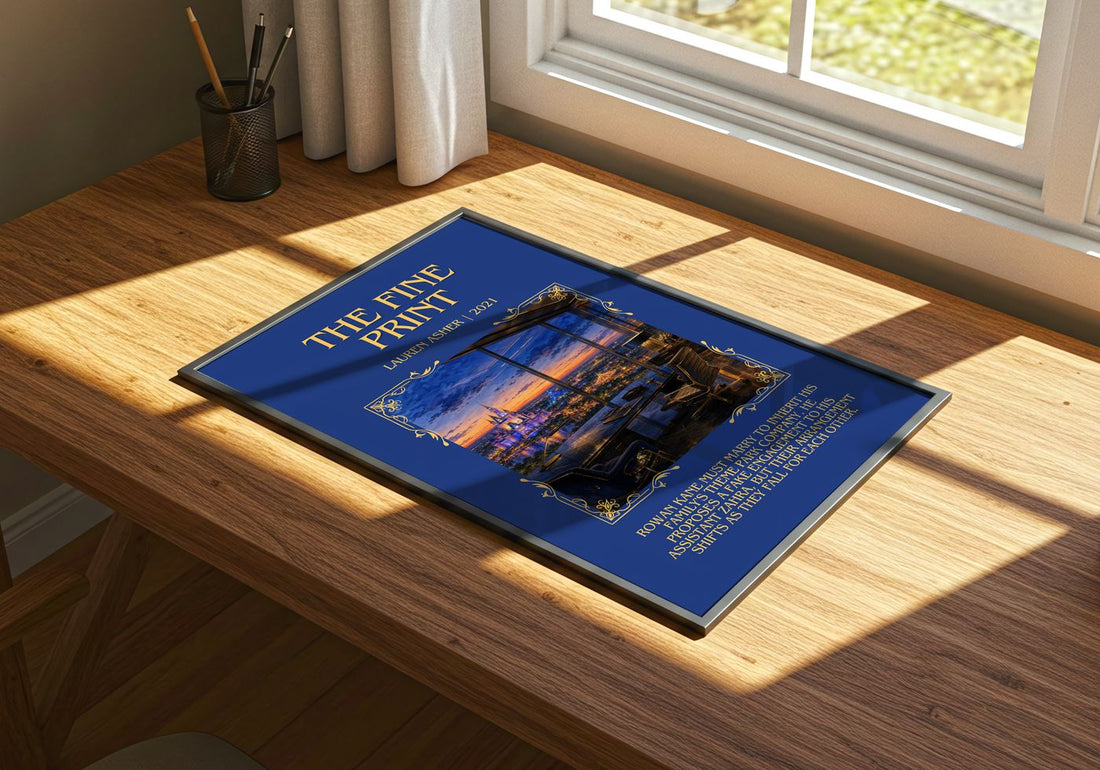 The Fine Print Minimalist Book Poster by Lauren Asher – print on a sunlit desk