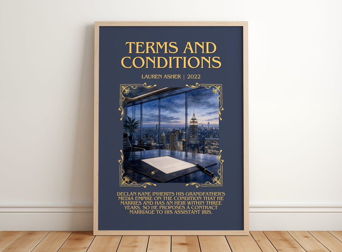Terms and Conditions Minimalist Book Poster by Lauren Asher – framed print leaning on a wooden floor