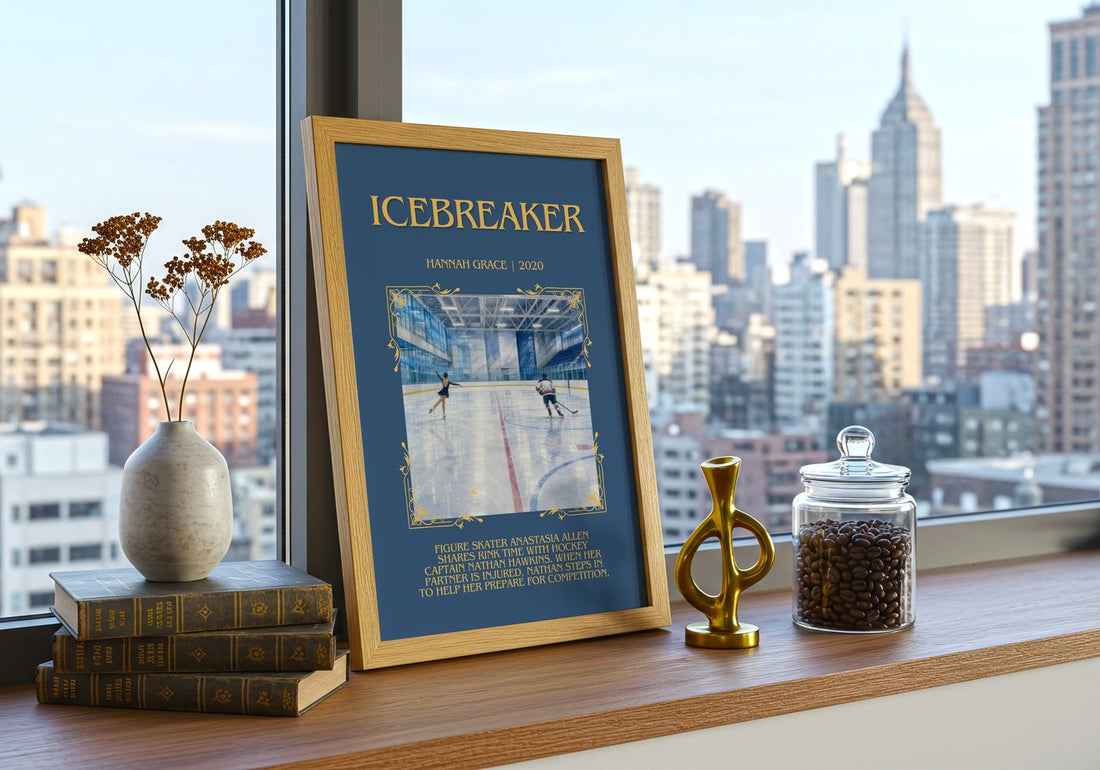 Icebreaker Minimalist Book Poster by Hannah Grace – framed print on a city-view windowsill