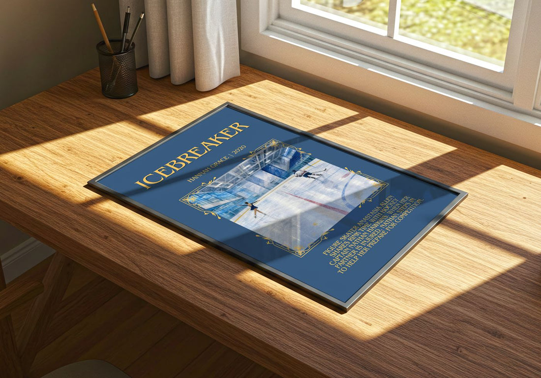 Icebreaker Minimalist Book Poster by Hannah Grace – print on a sunlit desk
