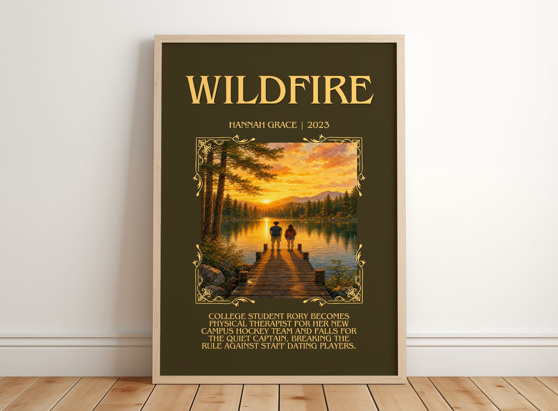 Wildfire Minimalist Book Poster by Hannah Grace – framed print leaning on a wooden floor