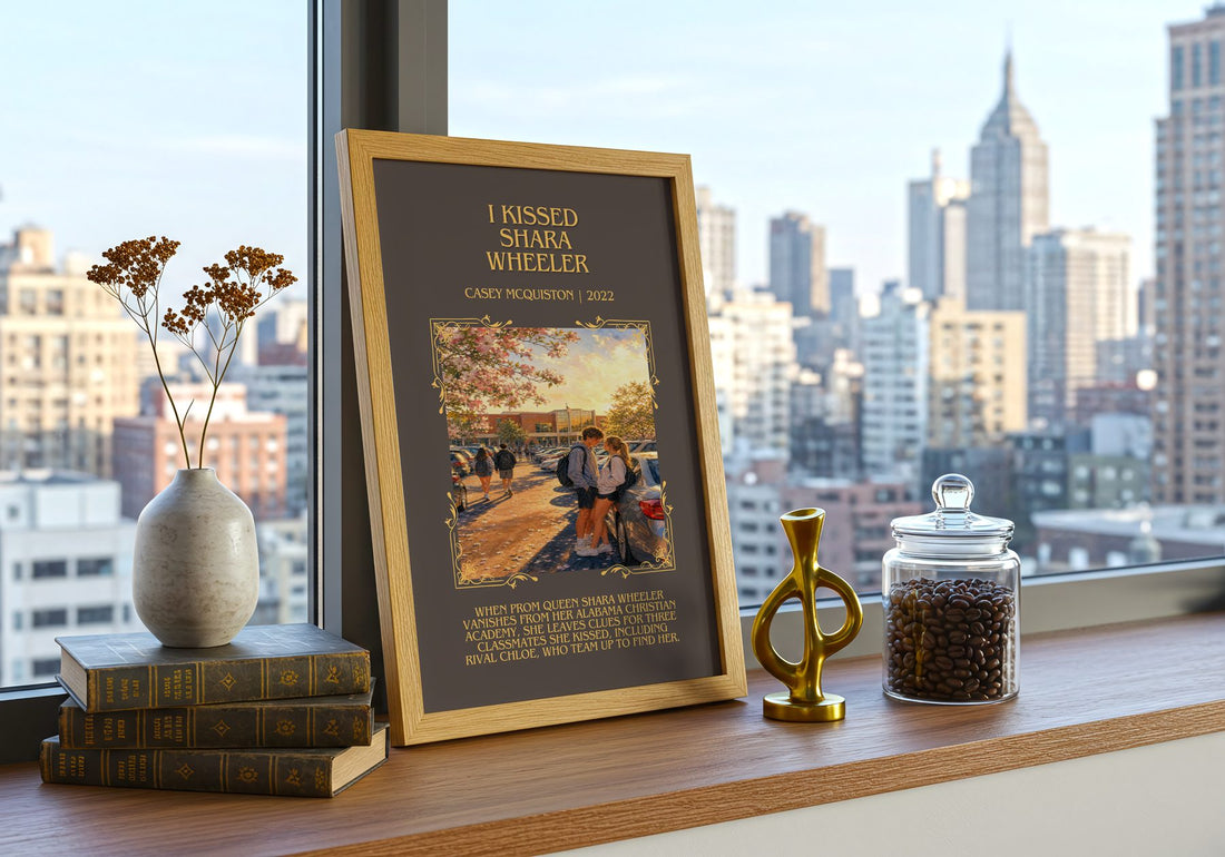 I Kissed Shara Wheeler Minimalist Book Poster by Casey McQuiston – framed print on a city-view windowsill