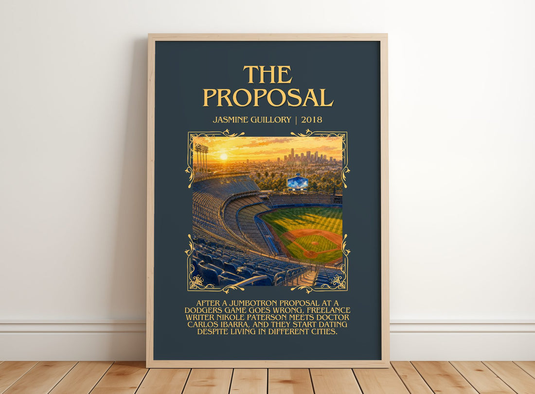 The Proposal Minimalist Book Poster by Jasmine Guillory – framed print leaning on a wooden floor