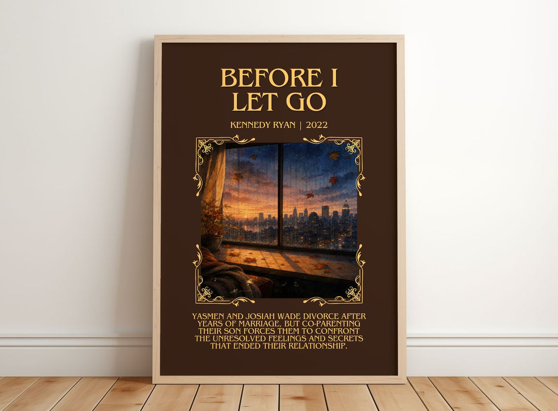 Before I Let Go Minimalist Book Poster by Kennedy Ryan – framed print leaning on a wooden floor