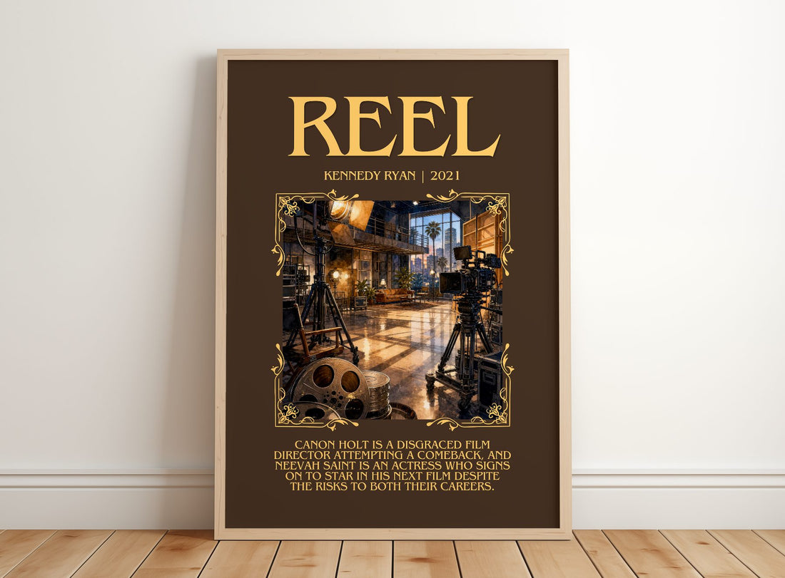 Reel Minimalist Book Poster by Kennedy Ryan – framed print leaning on a wooden floor