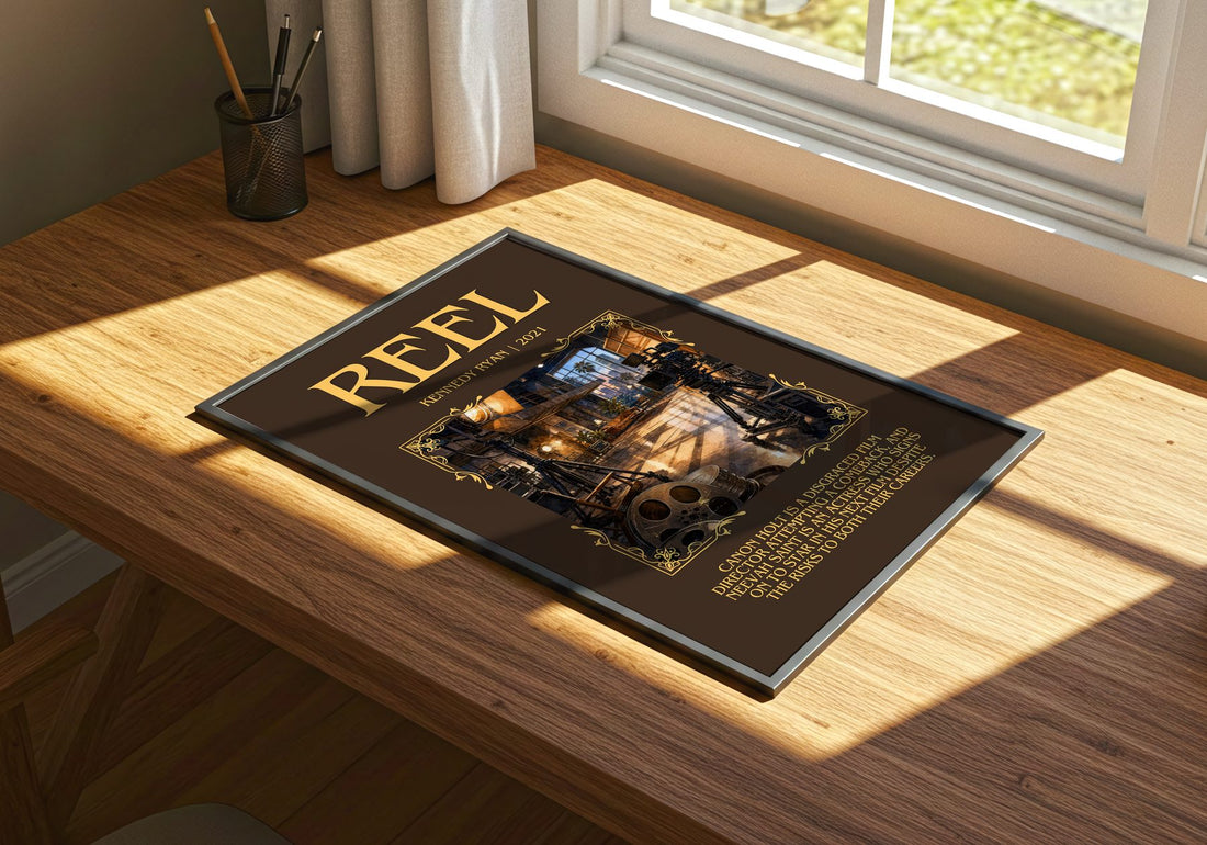Reel Minimalist Book Poster by Kennedy Ryan – print on a sunlit desk