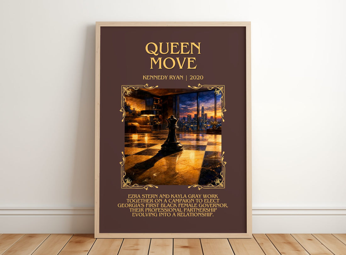 Queen Move Minimalist Book Poster by Kennedy Ryan – framed print leaning on a wooden floor