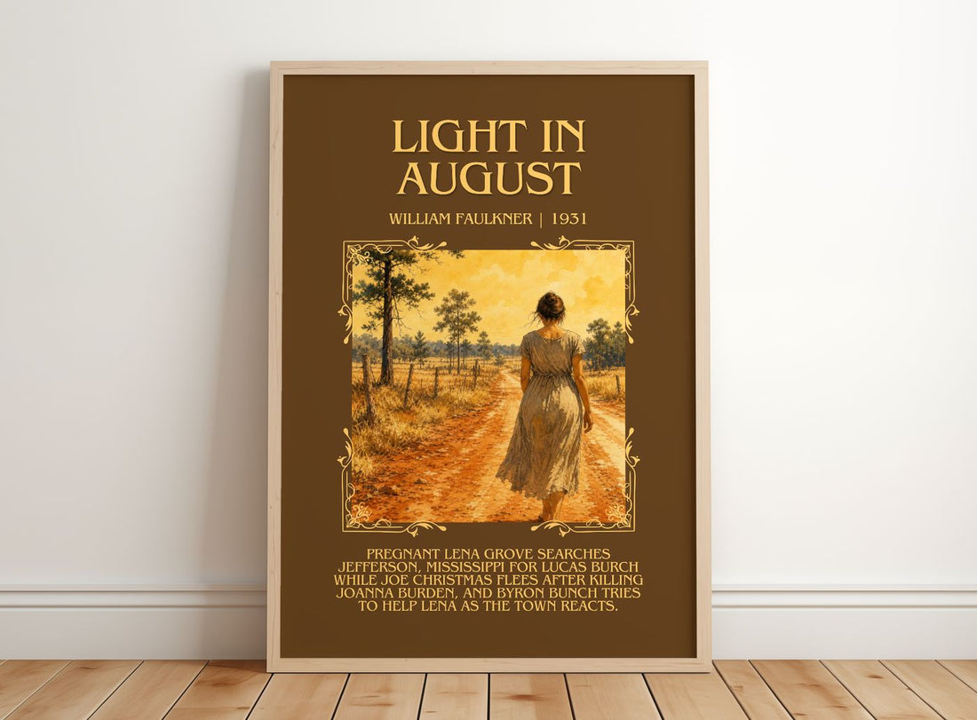 Light in August Minimalist Book Poster by William Faulkner – framed print leaning on a wooden floor