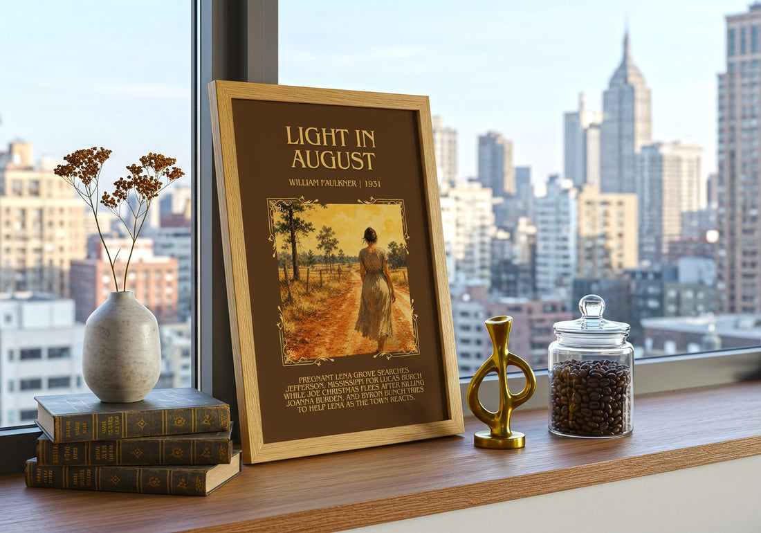 Light in August Minimalist Book Poster by William Faulkner – framed print on a city-view windowsill
