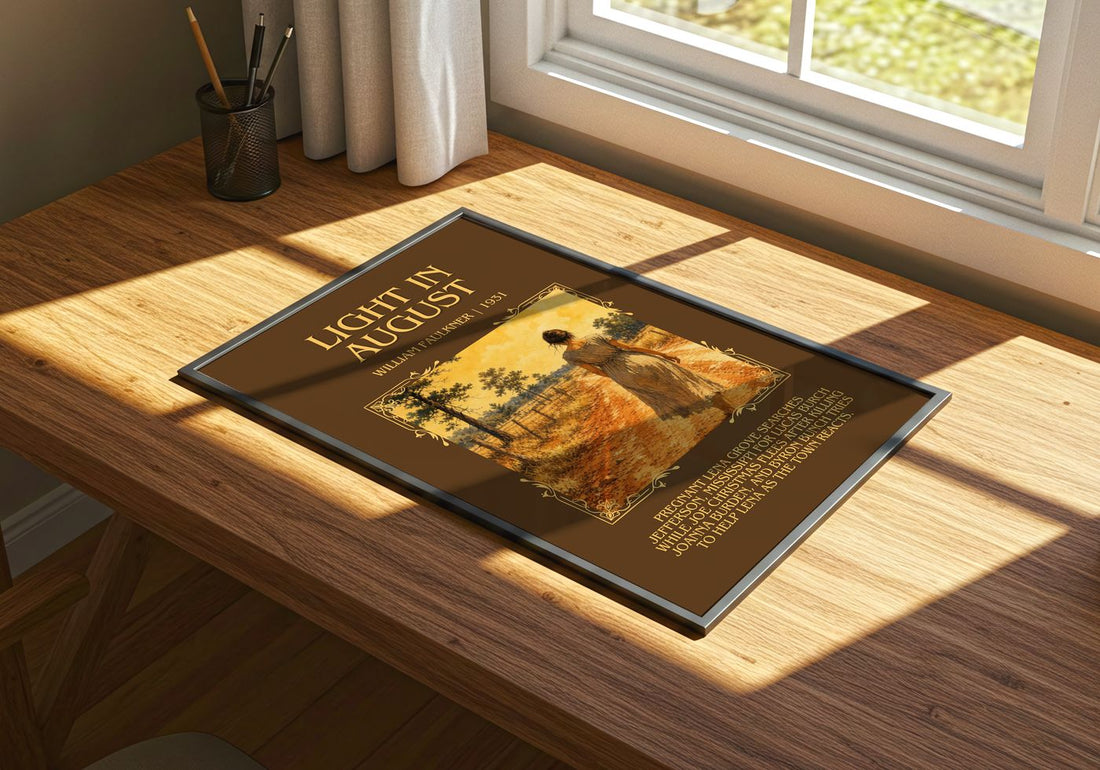 Light in August Minimalist Book Poster by William Faulkner – print on a sunlit desk