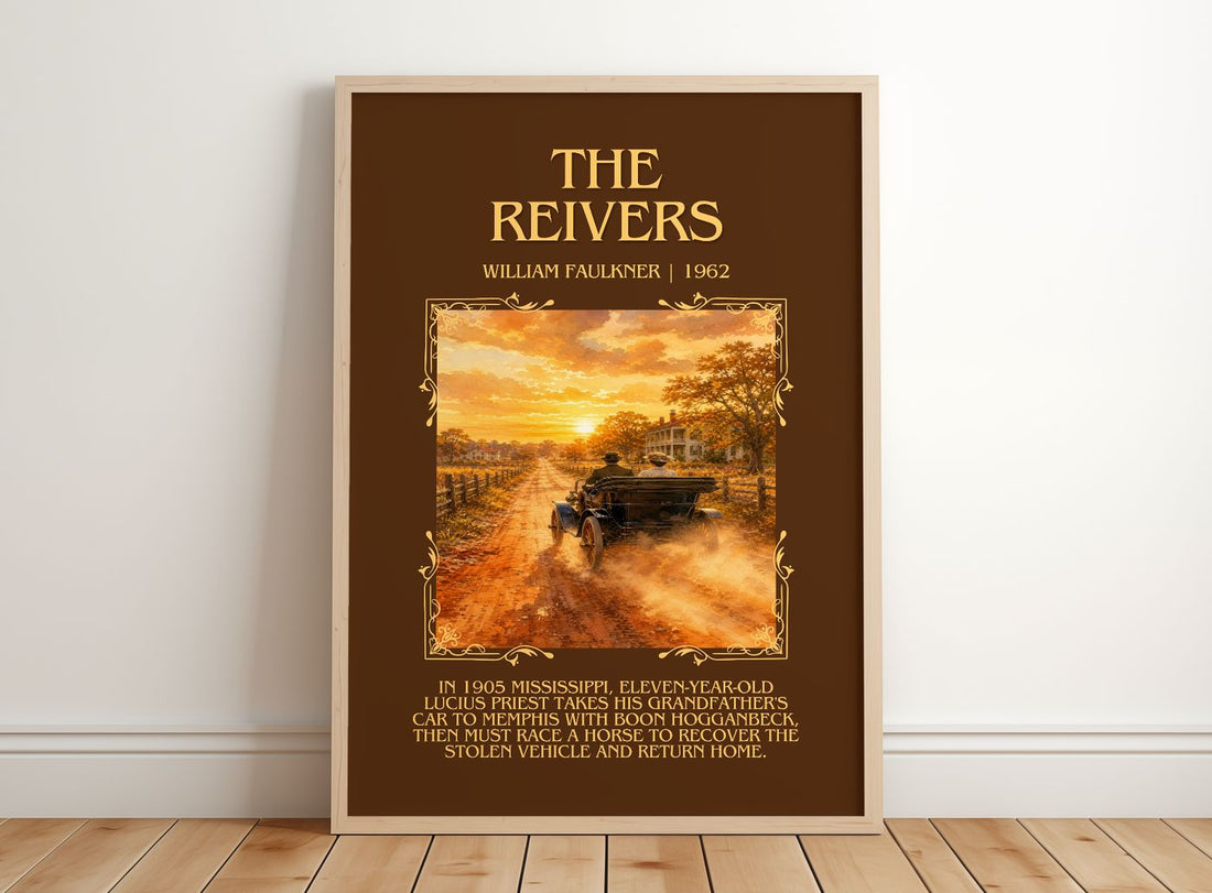 The Reivers Minimalist Book Poster by William Faulkner – framed print leaning on a wooden floor