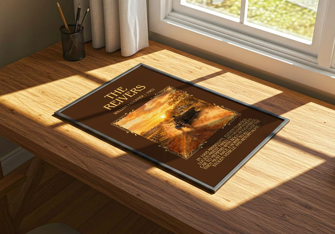 The Reivers Minimalist Book Poster by William Faulkner – print on a sunlit desk