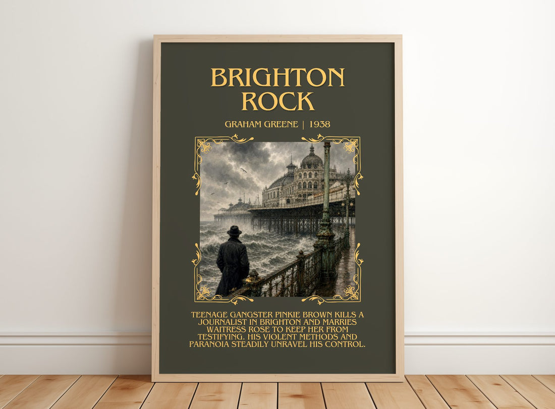 Brighton Rock Minimalist Book Poster by Graham Greene – framed print leaning on a wooden floor