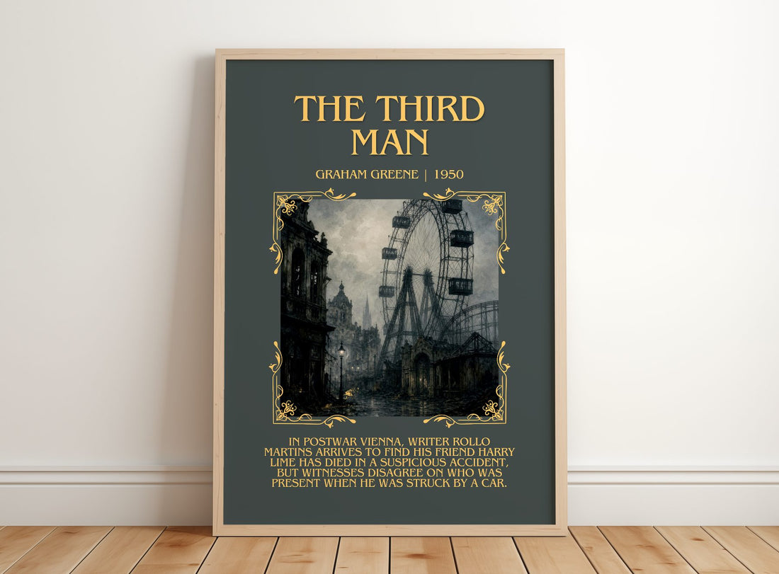 The Third Man Minimalist Book Poster by Graham Greene – framed print leaning on a wooden floor